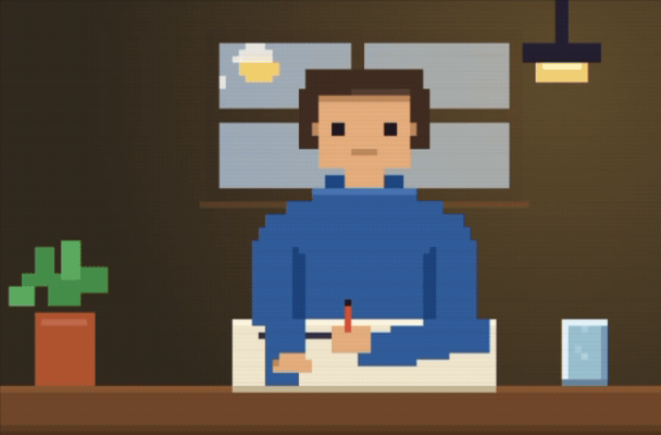 Pixel-art companion writing at a desk