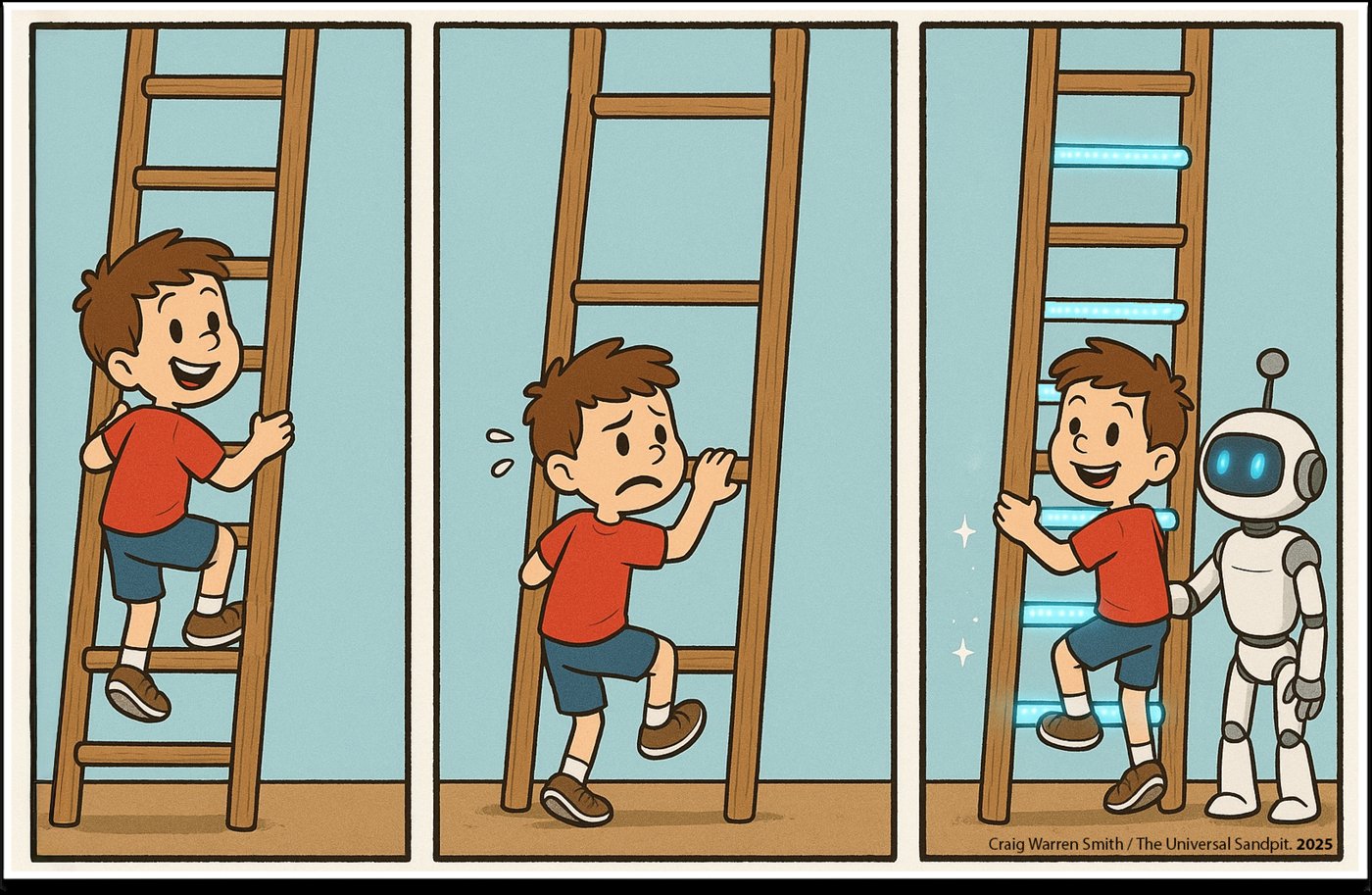 Cartoon in three panels: a boy climbs a ladder, gets stuck where rungs are missing, then a friendly robot adds glowing rungs so he can keep climbing