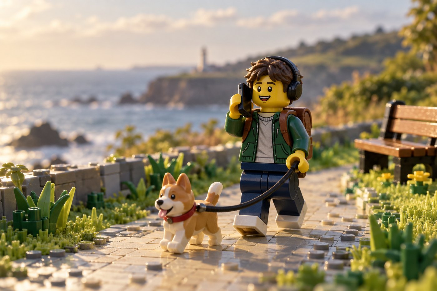 LEGO scene of a student with headphones walking a dog along a coastal path, talking into a phone