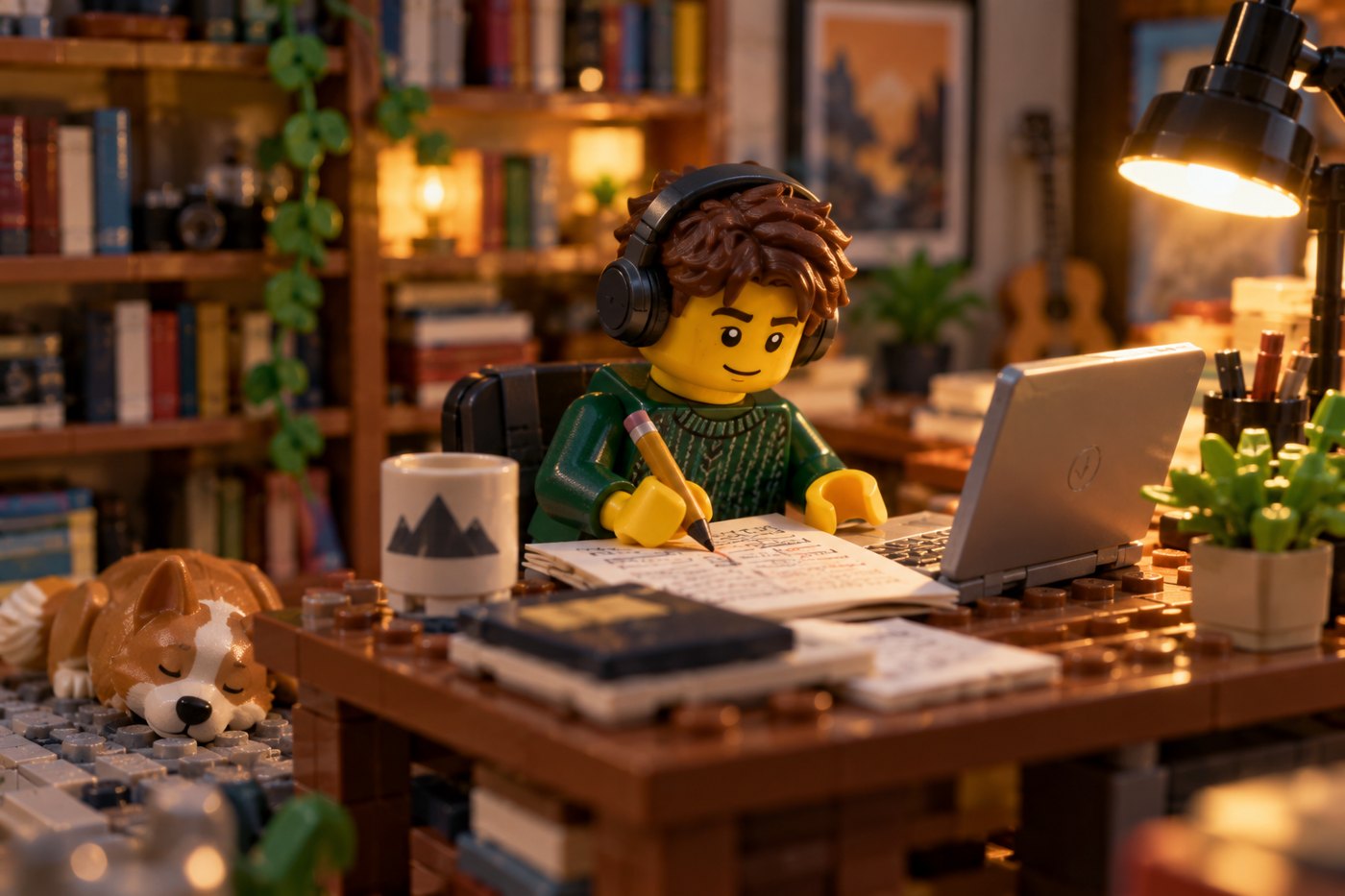 LEGO scene of a student writing at a desk with a laptop and a draft covered in pencil notes
