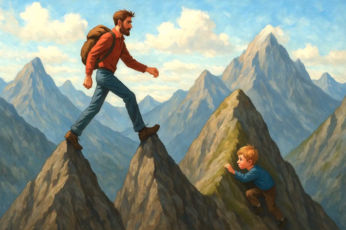 Painting of a man striding from mountain peak to mountain peak while a child climbs up the side of one peak