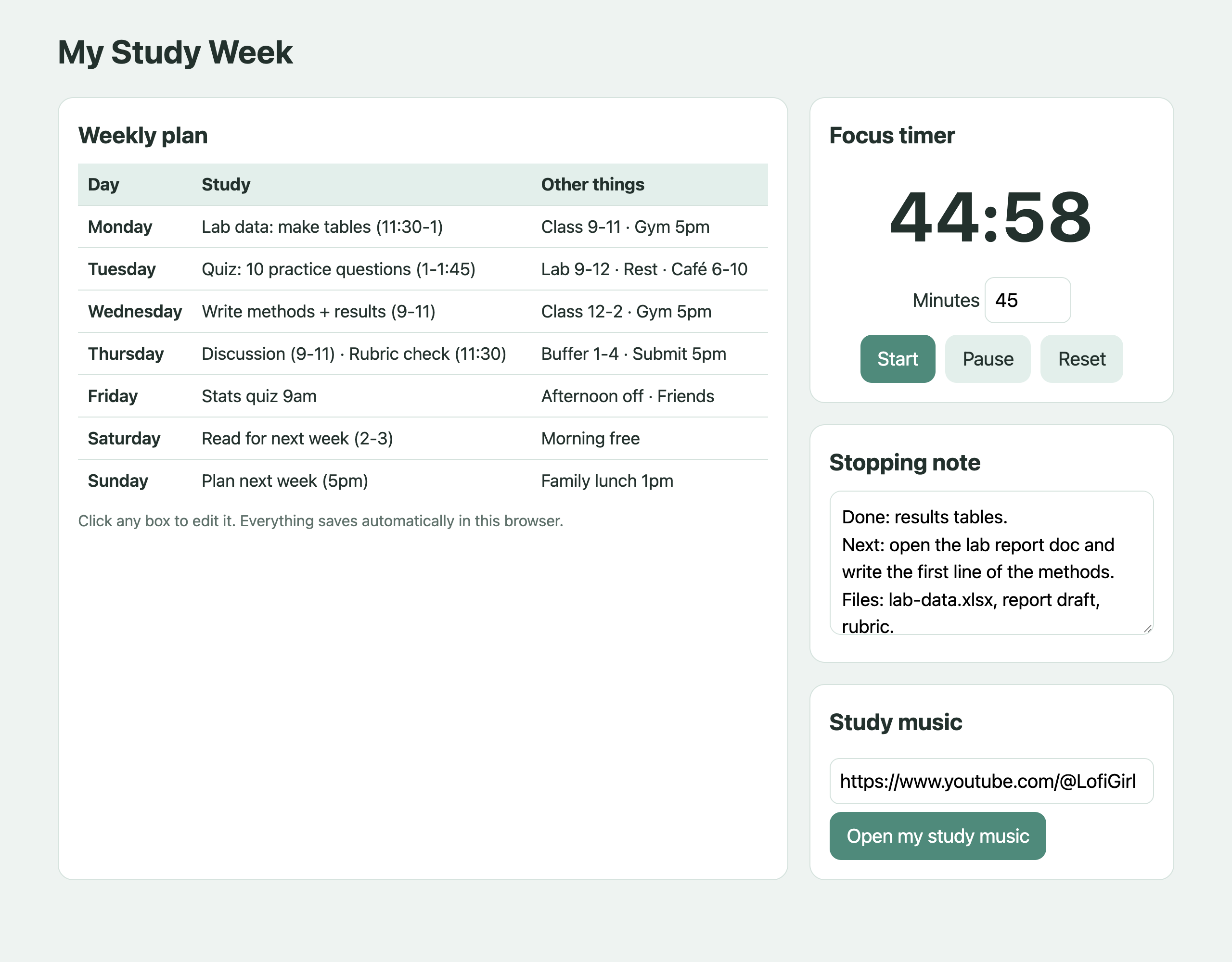 A simple study page with an editable weekly plan, a 45-minute focus timer, a stopping note and a study music button