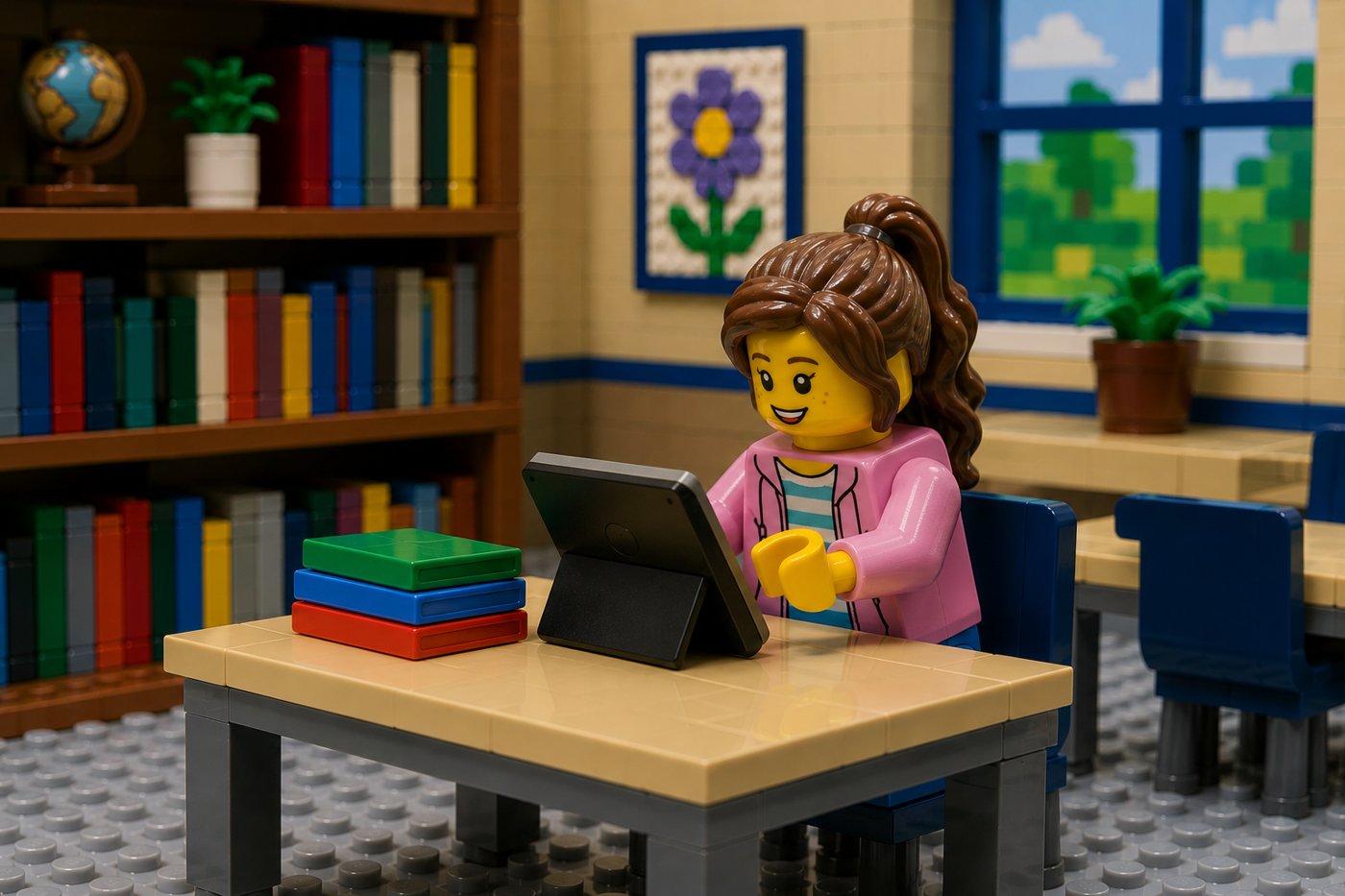 LEGO scene of a student working on a tablet at a desk in a library